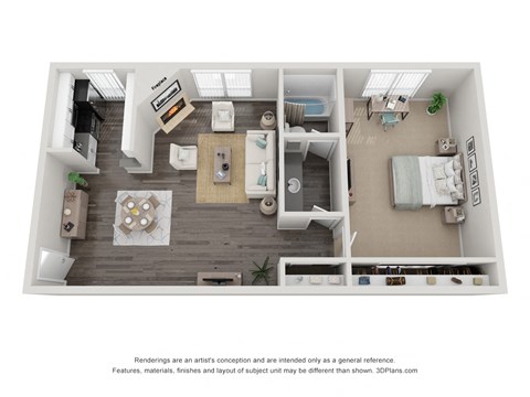 Floor plan for 1 bed, 1 bath, 720 sqft